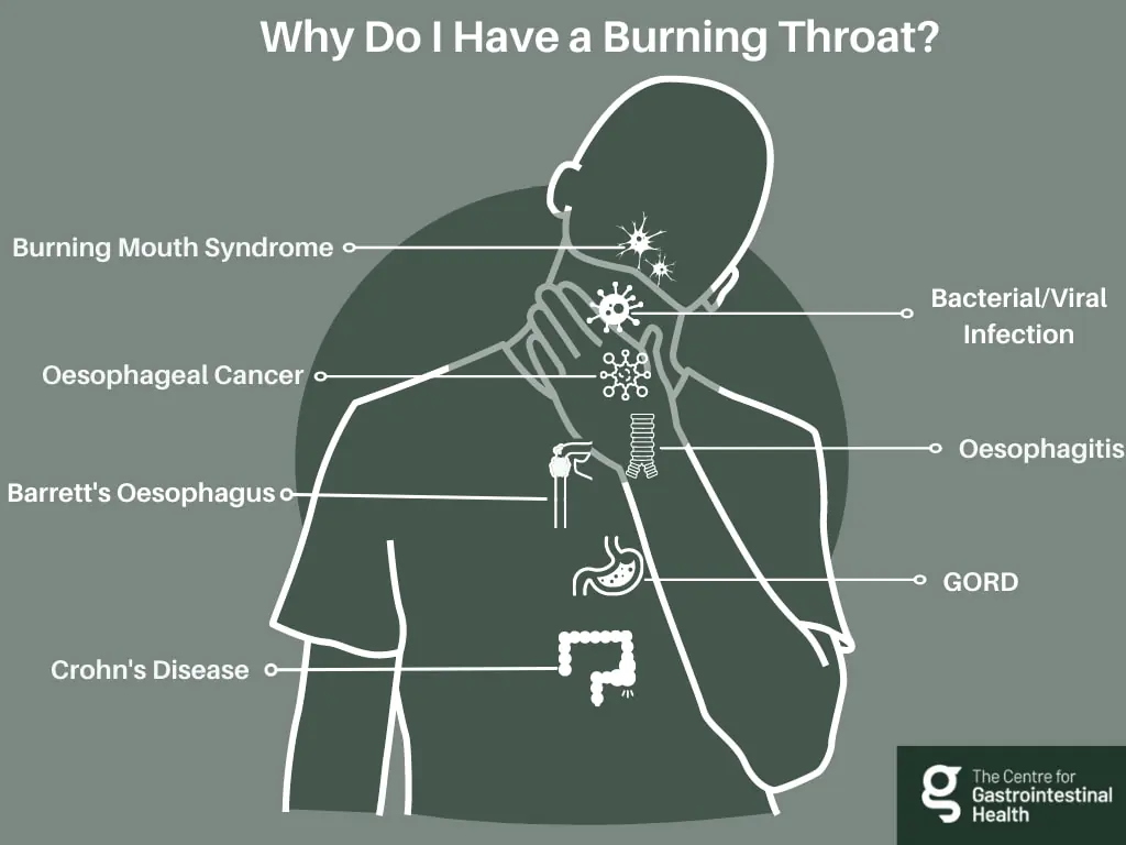 Why do I Have a Burning Throat? An infographic explaining the underlying causes of a patient presenting symptoms of a burning throat.